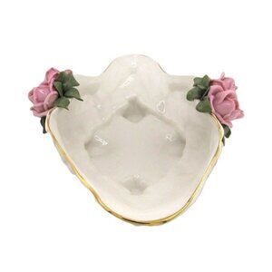 VTG Dresden Capodimonte German Porcelain Oval Bowl With Pink Roses & Gold Trim.